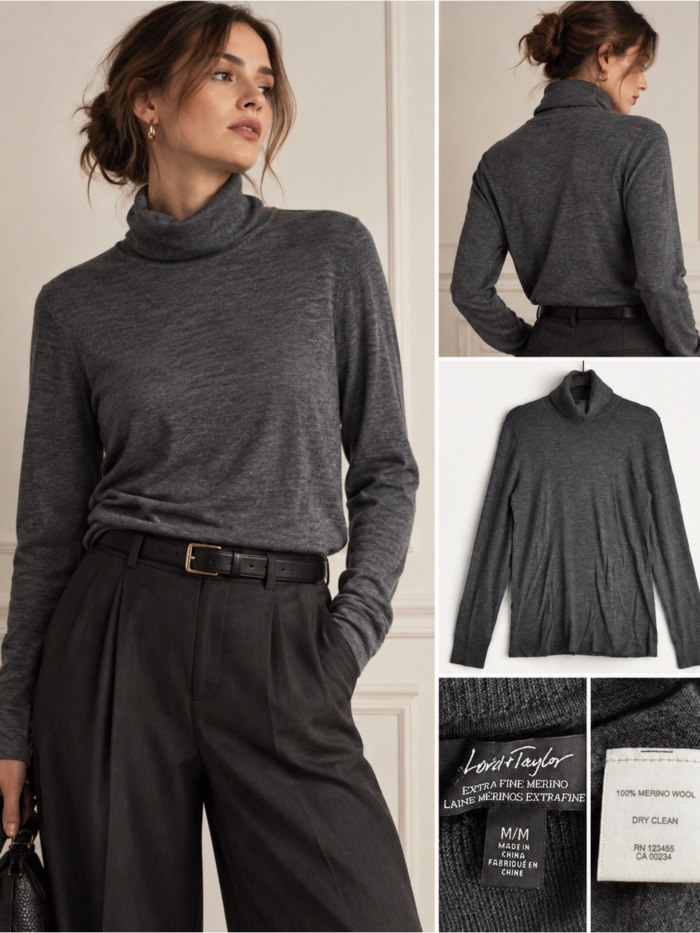 Extra Fine Merino Wool Turtleneck Sweater Charcoal M Lord & Taylor Quiet Luxury